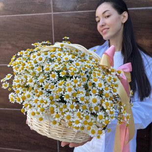 Корзина с ромашками и бантиком композиция