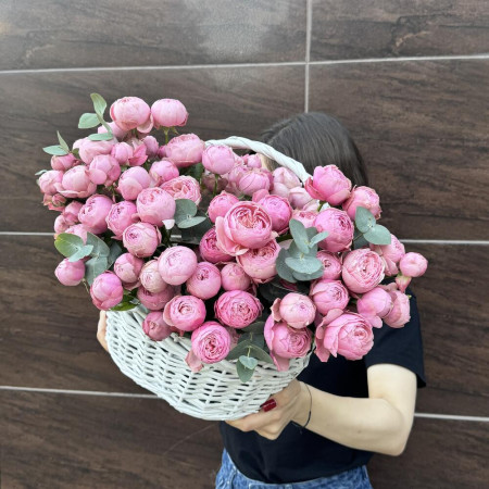Корзина с кустовой пион розой премиум сорта Silva Pink и эвкалиптом в Краснодаре